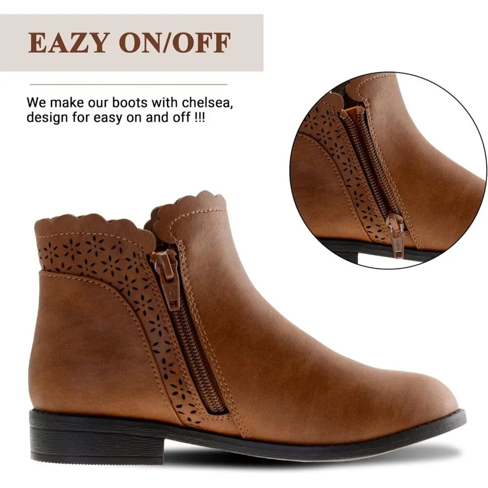 🆕Girls‎ Brown a Polyurethane Ankle Bow Side Zipper Outdoor Warm Low Heel Boot